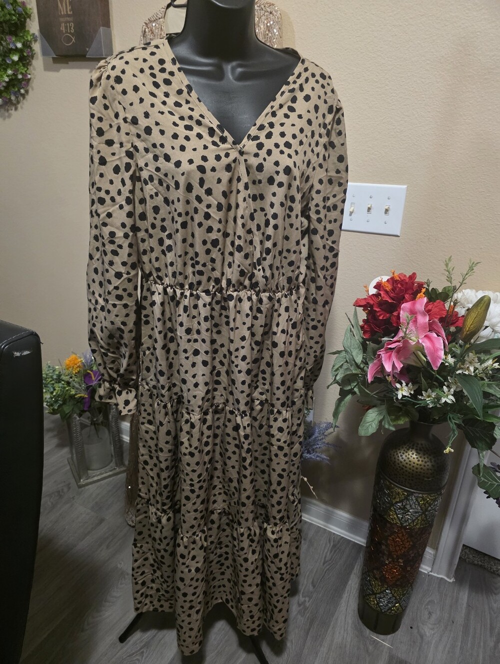 Tan Polka Dot V-Neck Tiered Maxi Dress